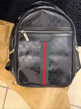 Gucci Black GG Canvas Backpack with Signature Green and Red Stripe